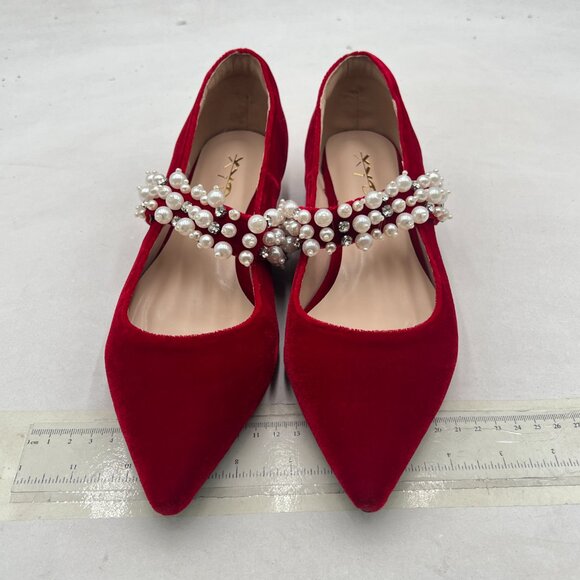 XYD Red Pointed Toe Velvet Flats Pearl Strap Beaded Mary Jane Stylish Retro Shoe - Picture 3 of 8